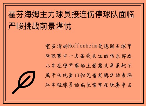 霍芬海姆主力球员接连伤停球队面临严峻挑战前景堪忧